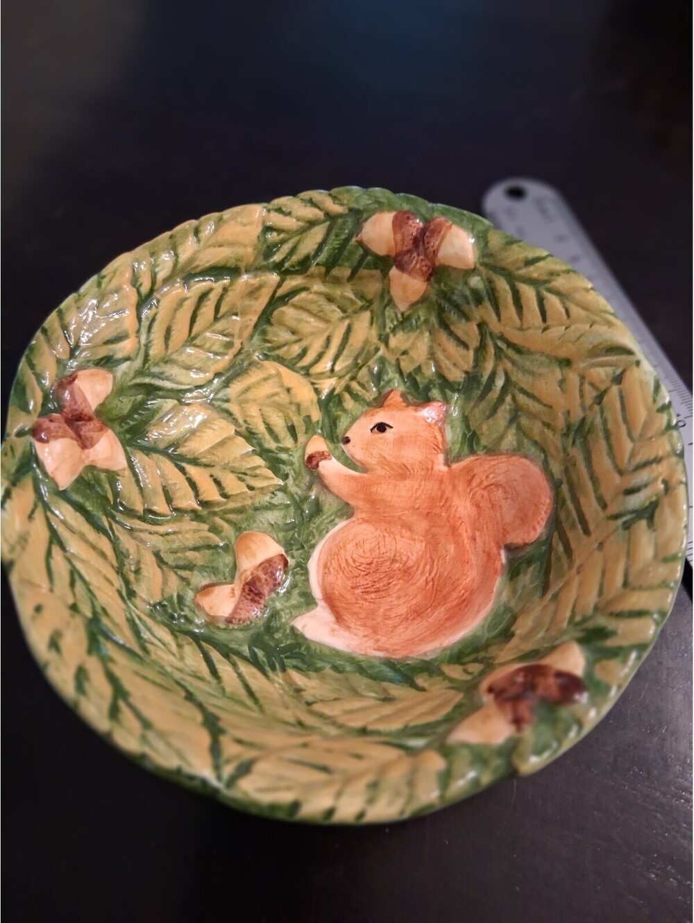 Hand-Painted Ceramic Squirrel Bowl with Leaf and Acorn Design